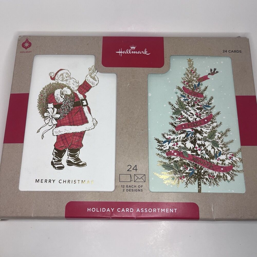 Hallmark Christmas Card Assortment 24 Cards Merry Santa & Christmas Tree Set New